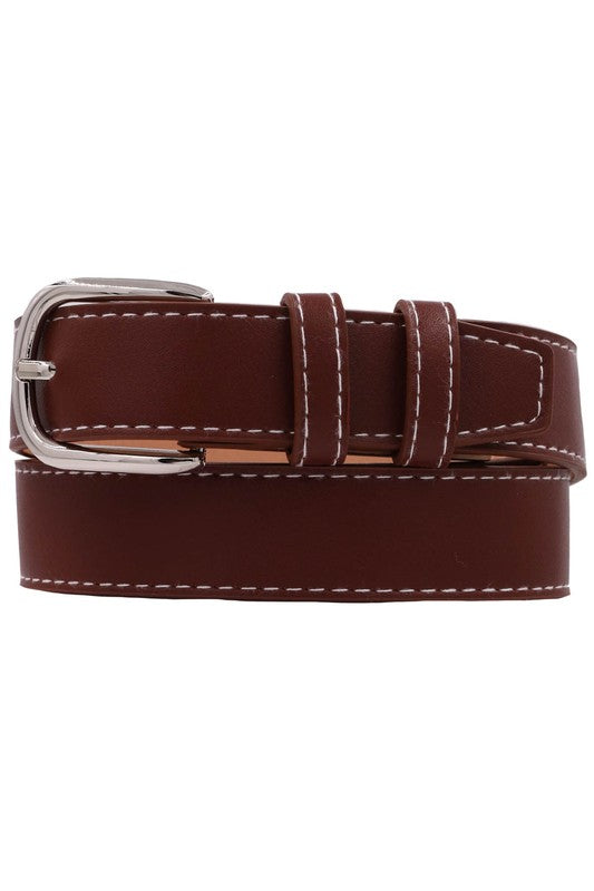 Greer Contrast Stitched Rectangle Buckle Belt Cognac