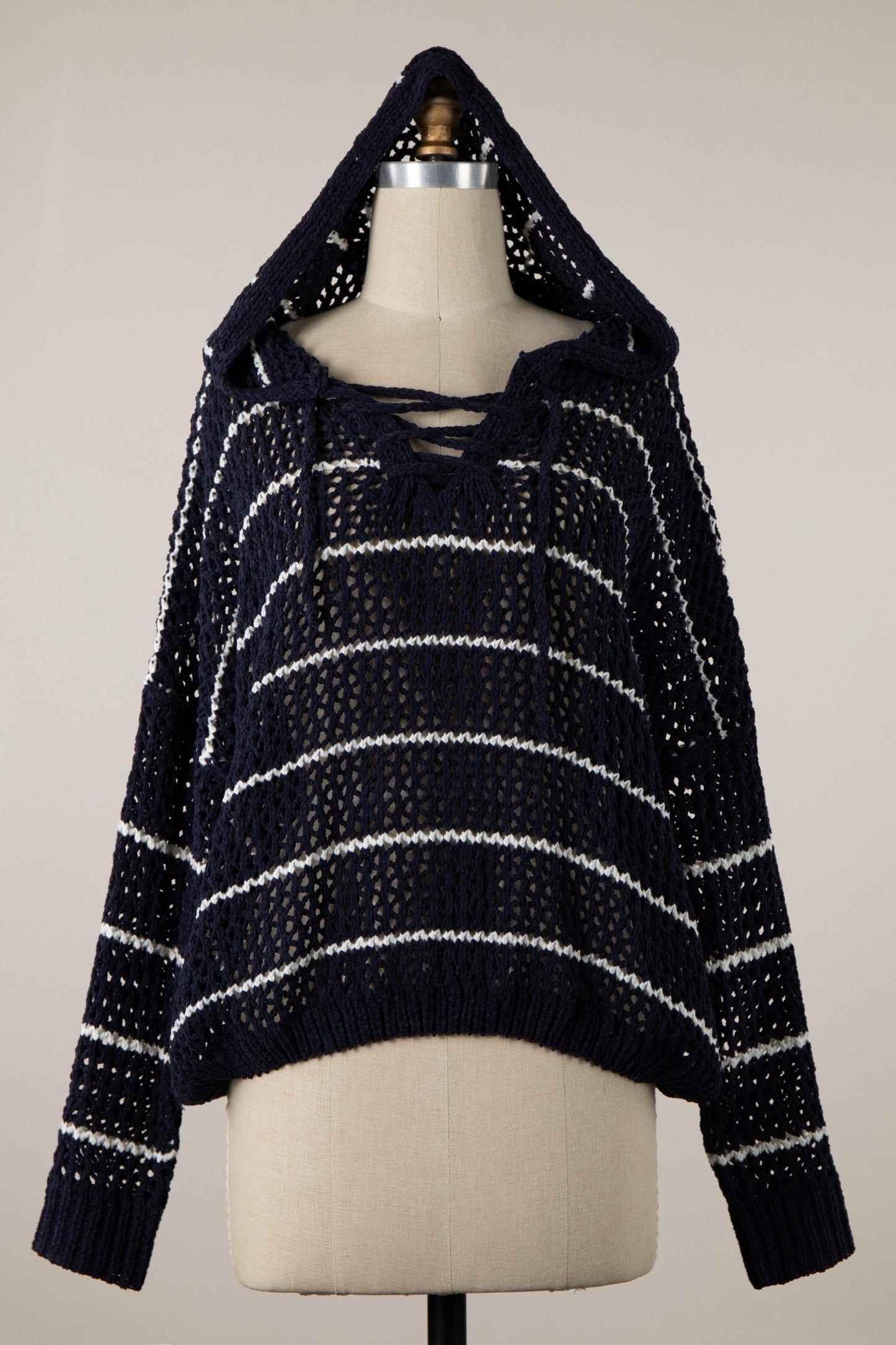 Bailey Long Sleeve Open Cable Knit Hoodie Sweater Navy