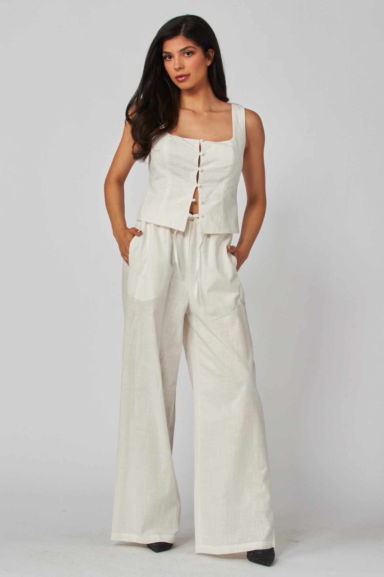 Torrance Drawstring Linen Wide Leg Pants White