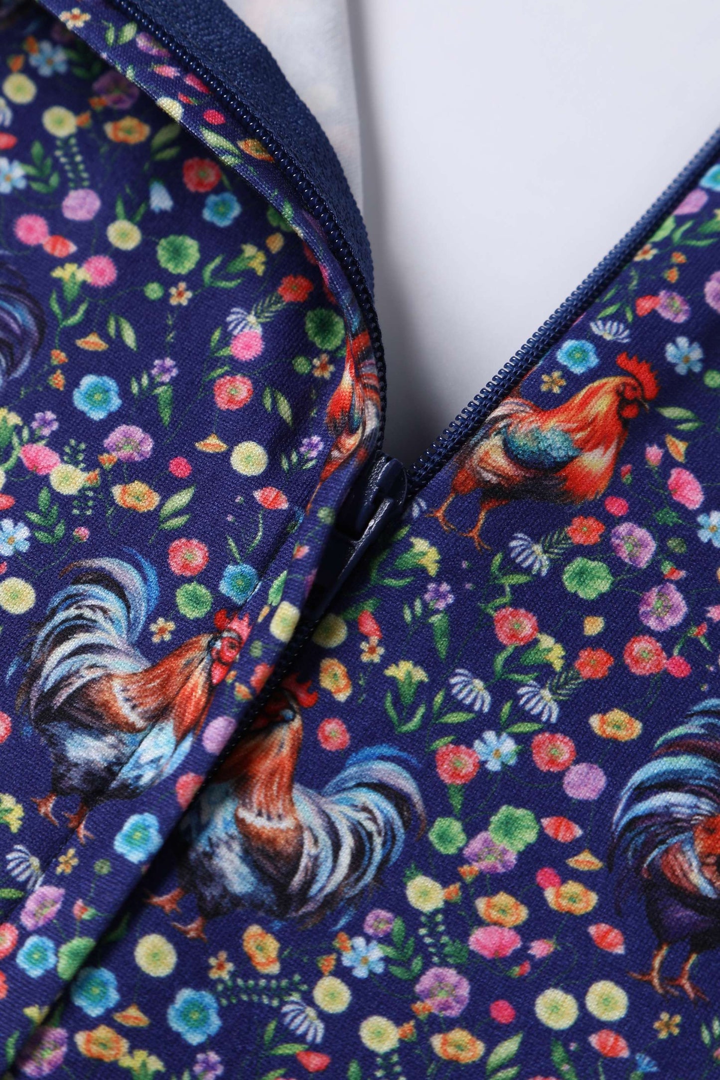 Janice Purple Sleeved Tea Dress in Rooster Floral Print