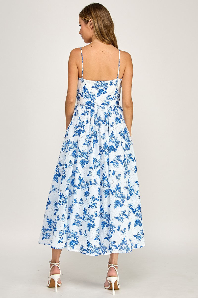 Trish Sleeveless Vintage Floral Print Midi Dress Blue