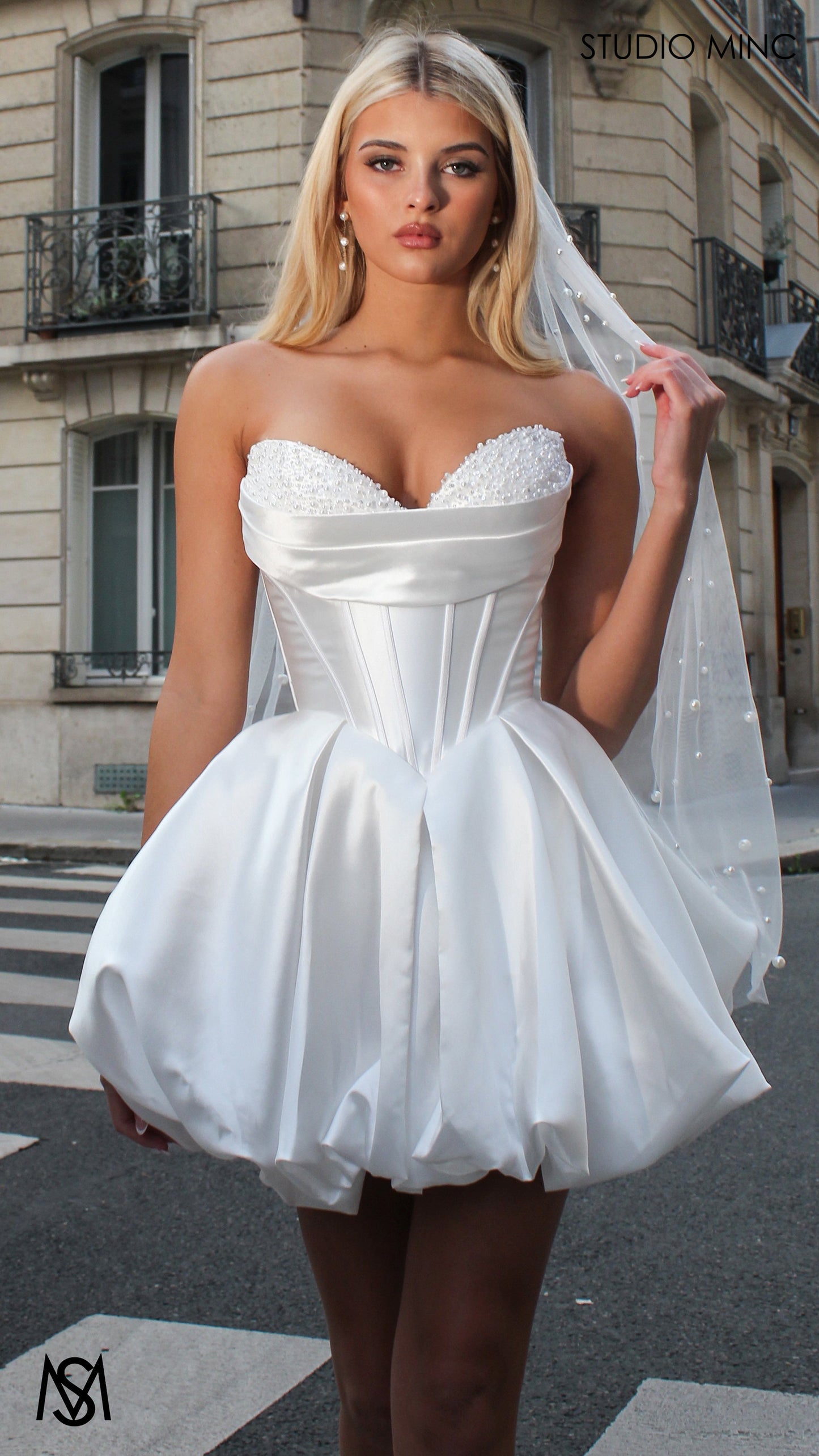 Mia - White Bridal Mini Dress | Pearl Beaded Cups, basque waist corset, Satin Bubble Party Dress