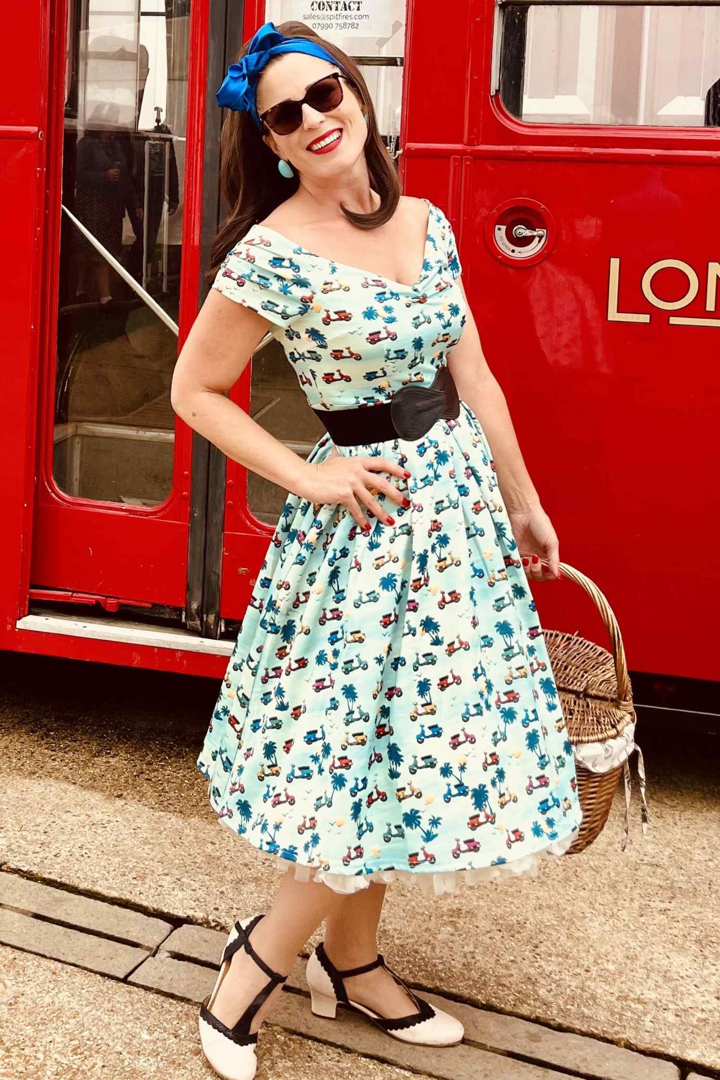 Lily Scooter Print Off Shoulder Dress in Turquoise Blue