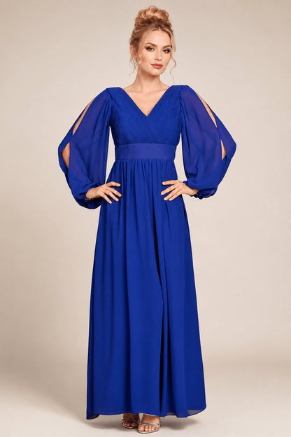 Phoebe Blue Bishop Sleeved Evening Dress