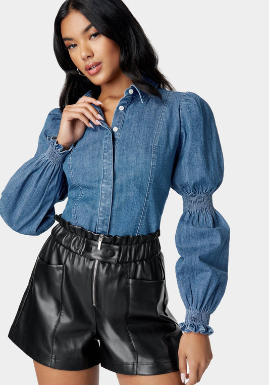 Long Sleeve Smocking Detail Denim Blouse