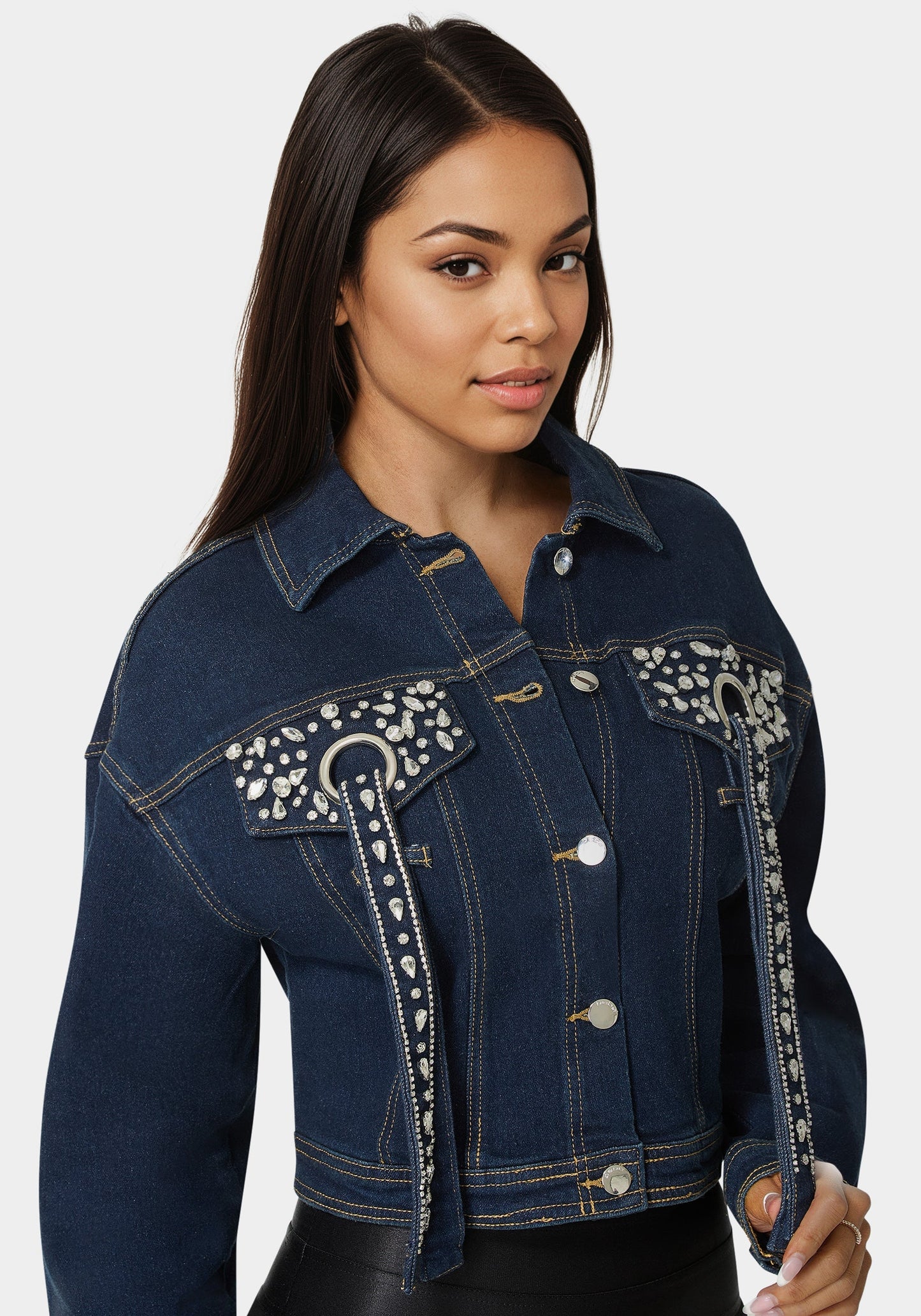 Button Front Stud Detail Denim Jacket