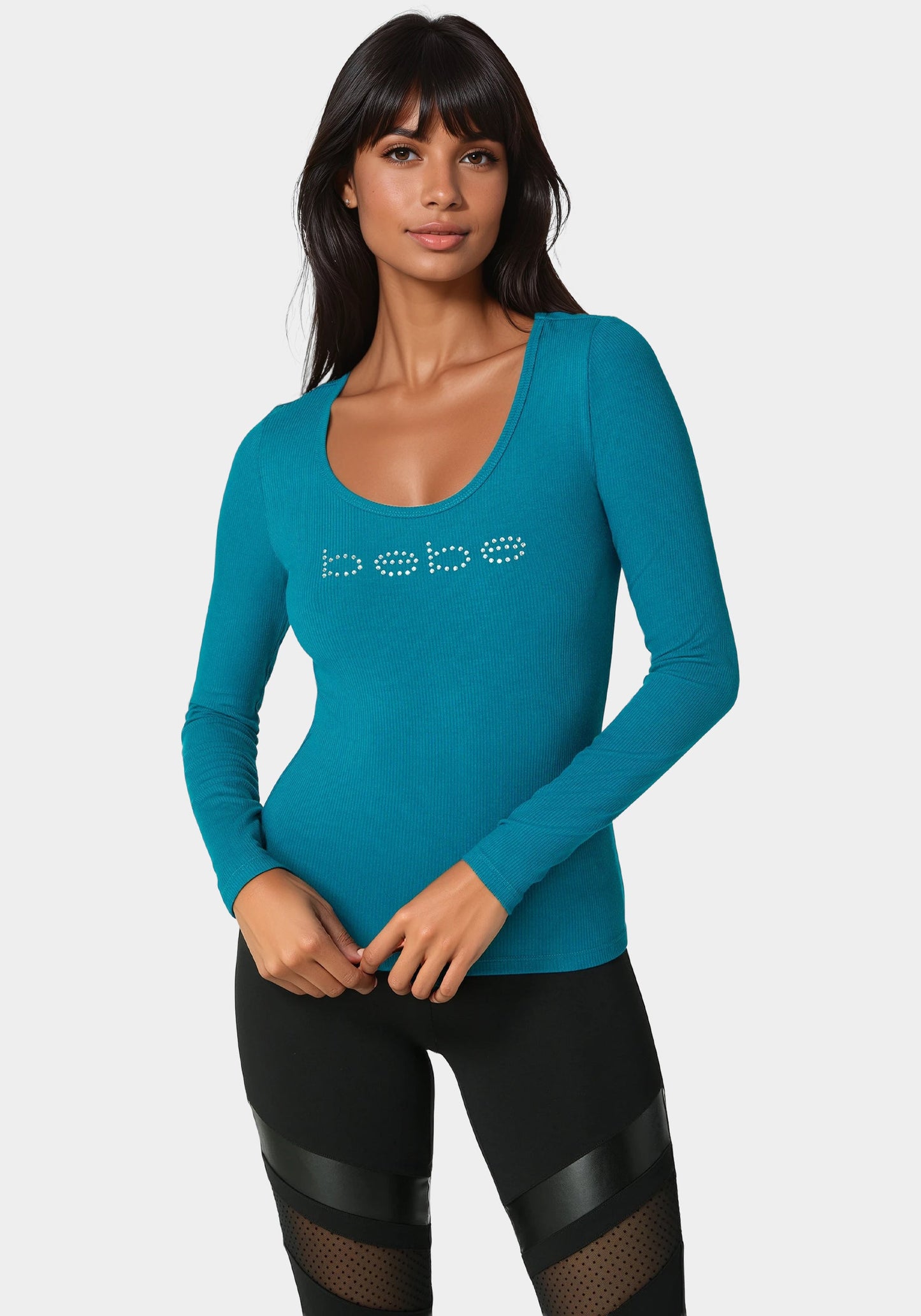 Bebe Logo Long Sleeve Scoop Neck Single Stone Rib Top