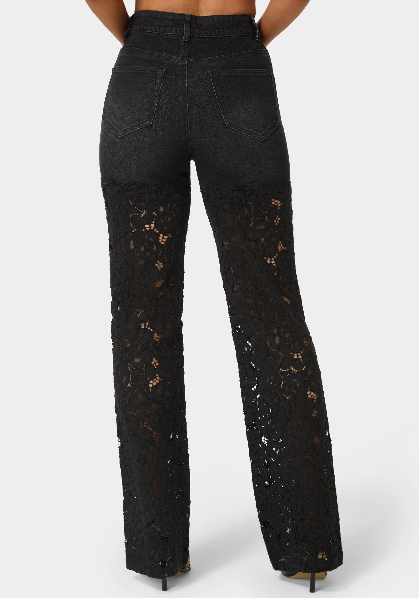 High Waist Embellished Lace Wide Leg Jeans