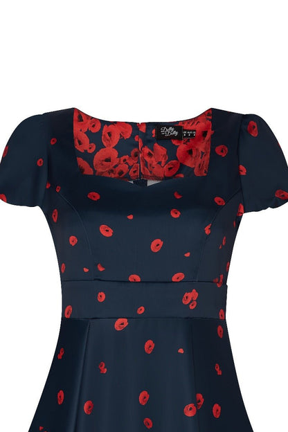 Claudia Cap Sleeve Poppy Floral Print Dress in Navy Blue-Red