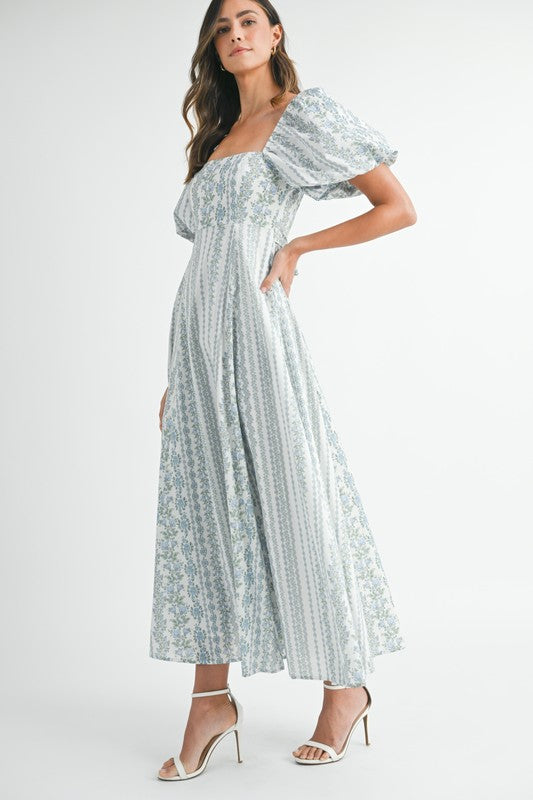 Stella Short Puff Sleeve Floral Print Midi Dress Blue
