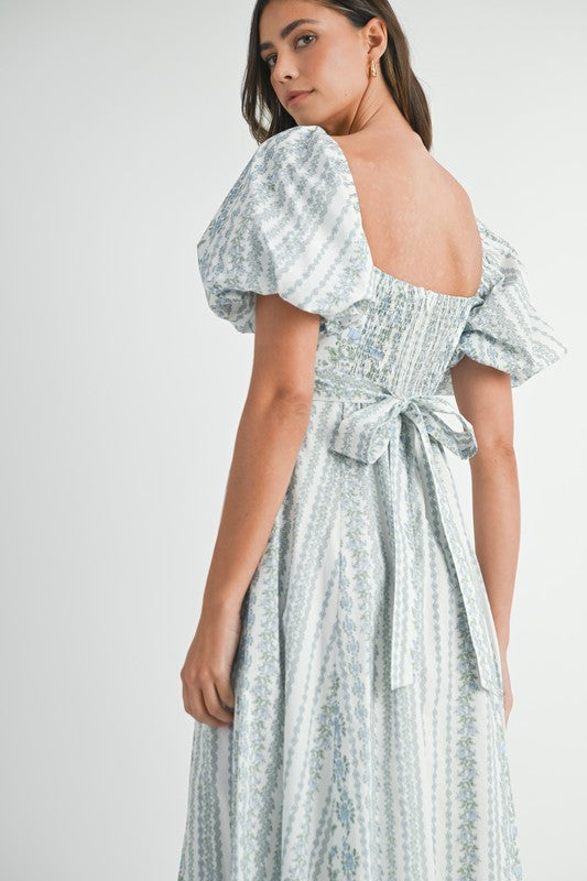 Stella Short Puff Sleeve Floral Print Midi Dress Blue