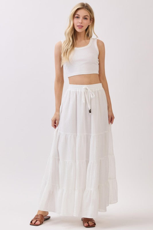 Brenna High Waist Tiered Maxi Skirt White