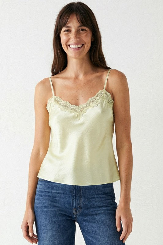 Reba Sleeveless Lace Trim Satin Cami Top Yellow