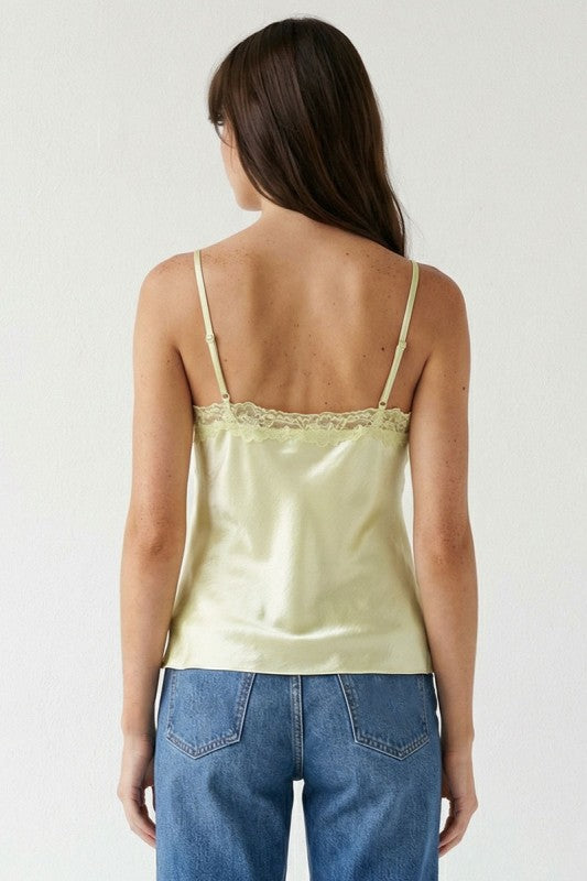 Reba Sleeveless Lace Trim Satin Cami Top Yellow