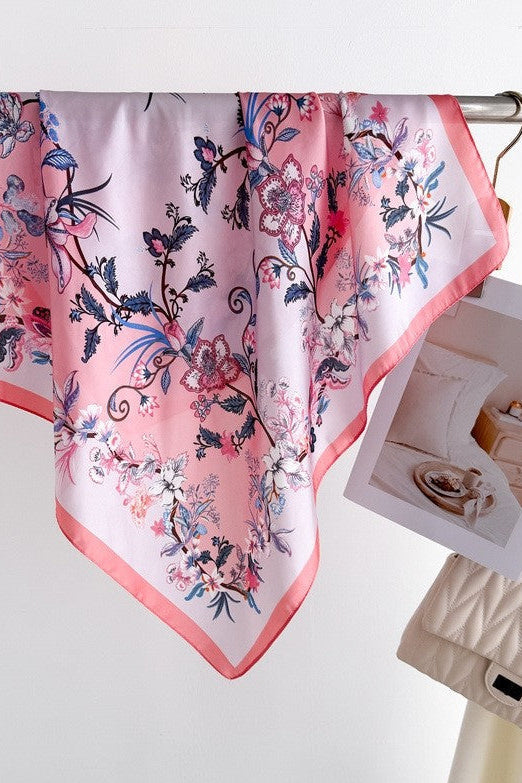 Tahlora Floral Print Square Boutique Scarf Pink White