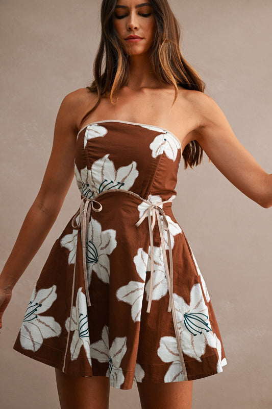 Mariah Sleeveless Floral Print Mini Dress Brown