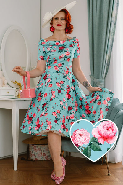 Darlene 50s Style Rose Floral Off Shoulder Swing Dress in Aqua Blue