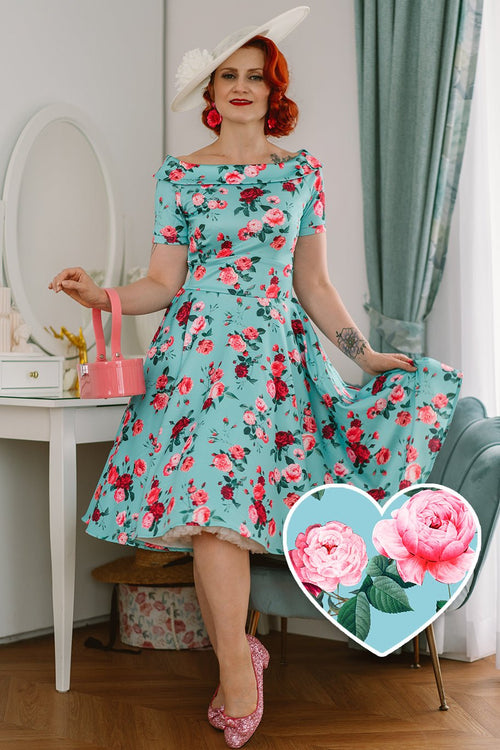 Darlene 50s Style Rose Floral Off Shoulder Swing Dress in Aqua Blue