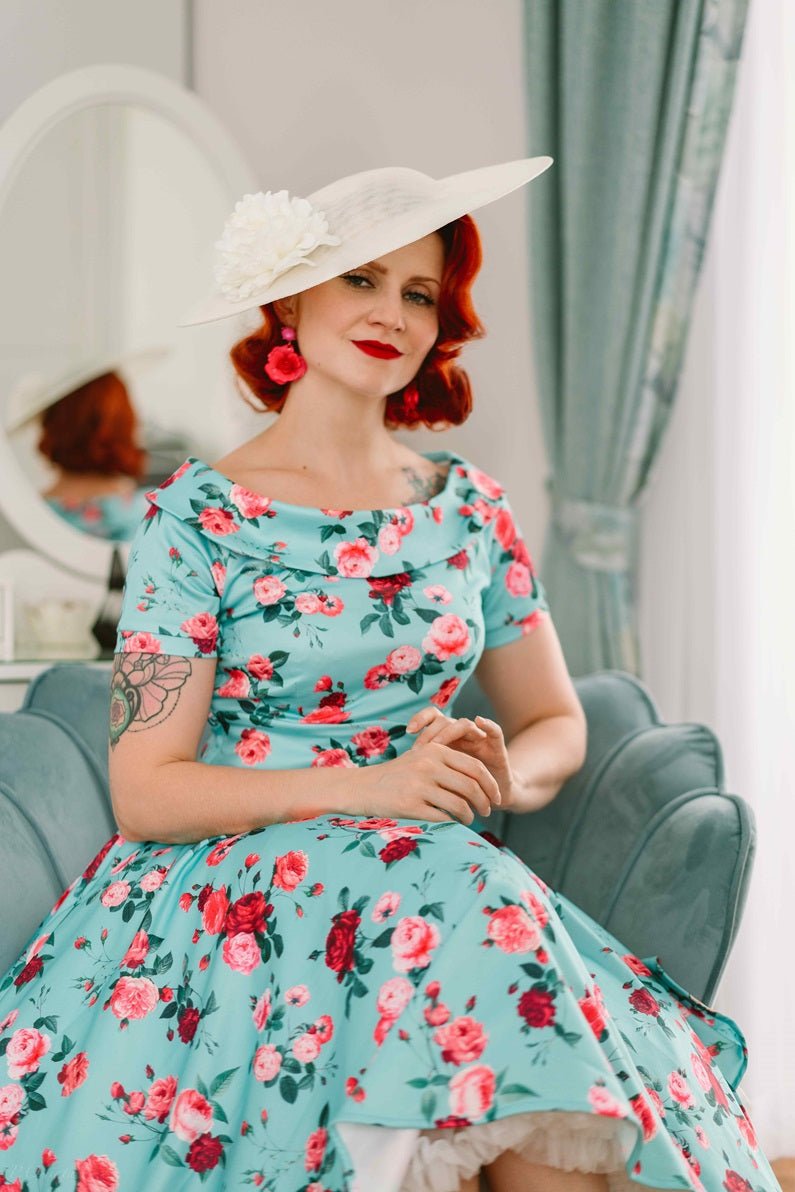 Darlene 50s Style Rose Floral Off Shoulder Swing Dress in Aqua Blue