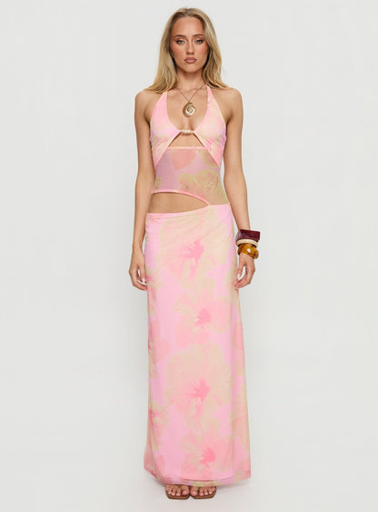 Dyanna Halter Mesh Maxi Dress Pink Floral