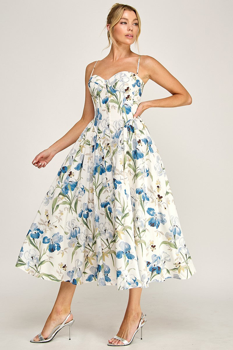 Waitlist 7/5 • Stassi Sleeveless Elegant Petal Floral Print Midi Dress Blue