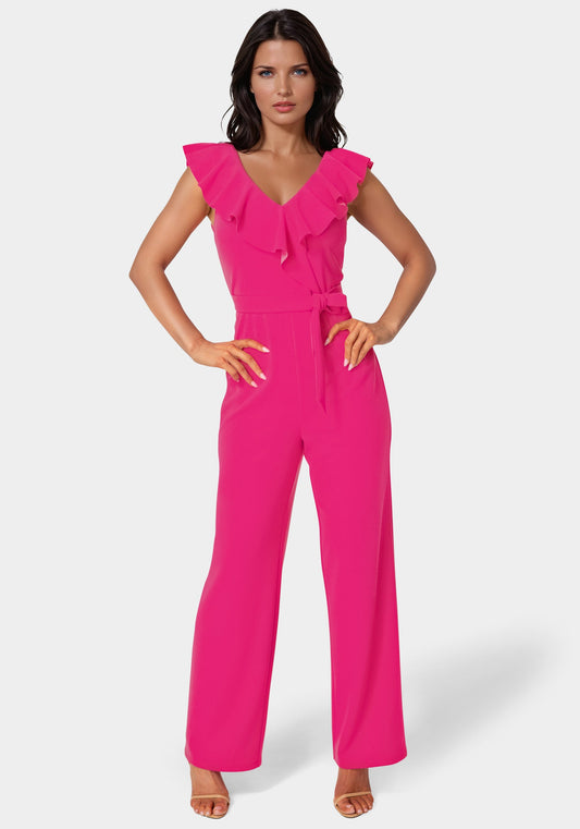 V-Neck Ruffle Scuba Crepe Jumpsuit
