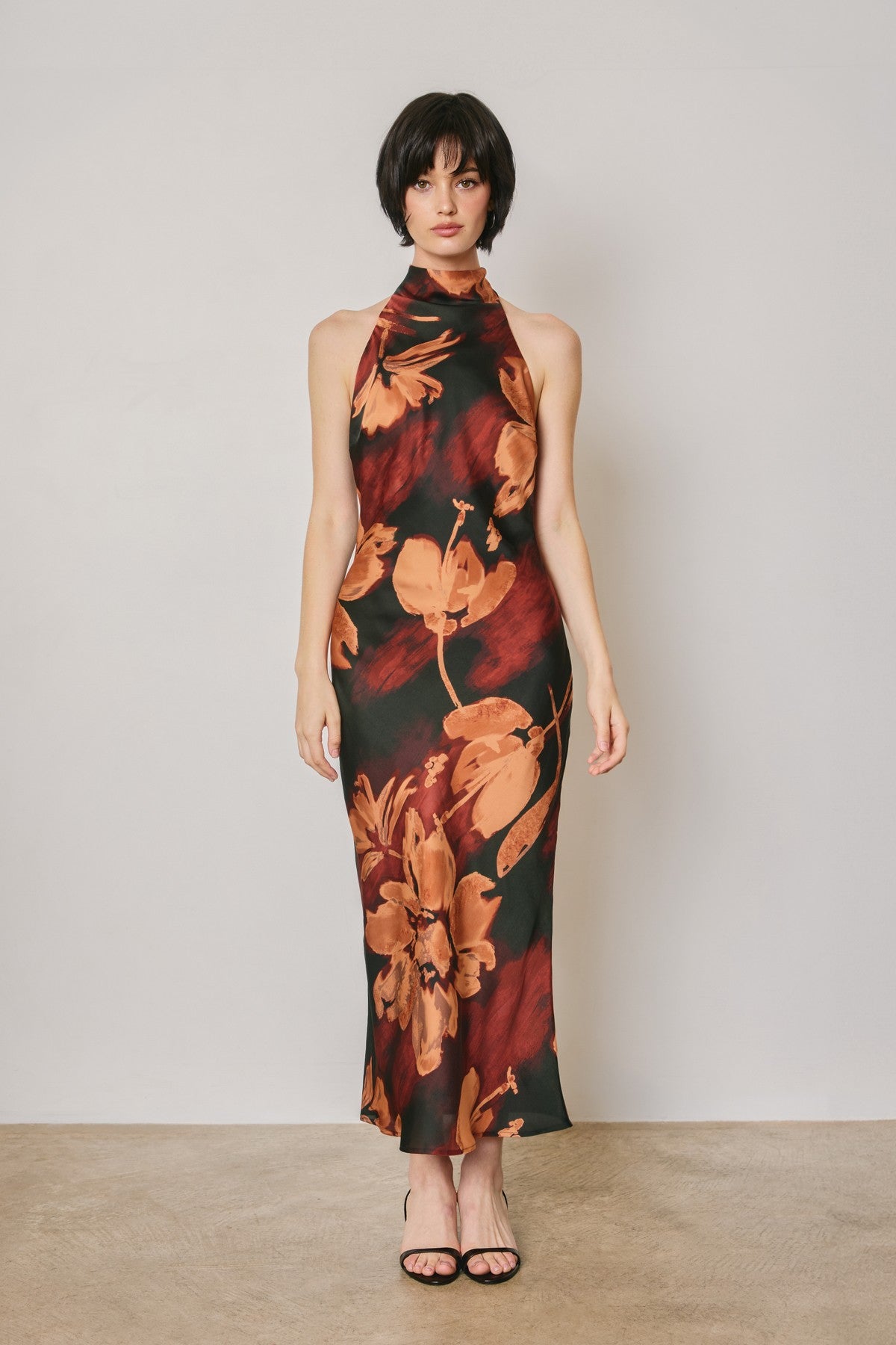 Waitlist 8/5 • Jeanette Sleeveless Halter Floral Print Midi Dress Black