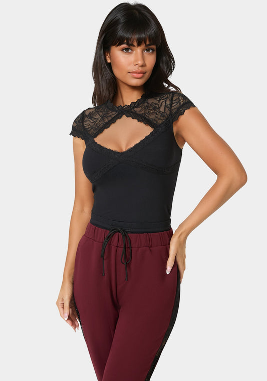 Lace Cap Sleeve Rib Knit Top