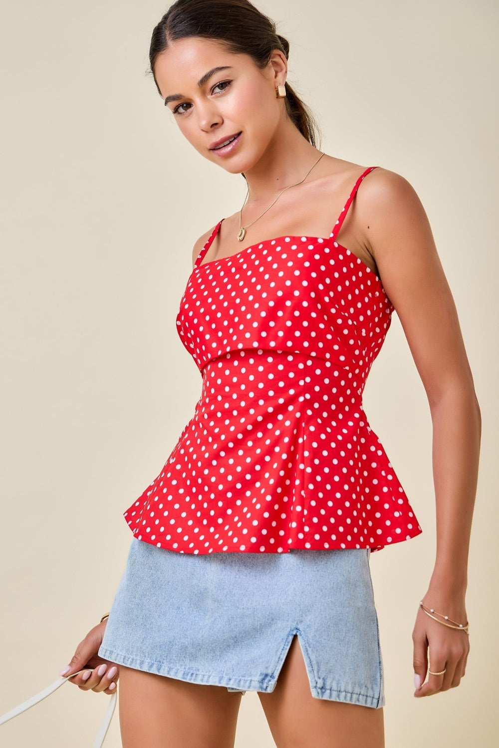 Lilliana Sleeveless Polka Dot Print Peplum Top Blue Red