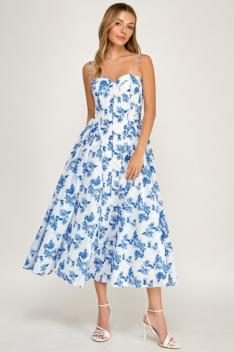 Trish Sleeveless Vintage Floral Print Midi Dress Blue