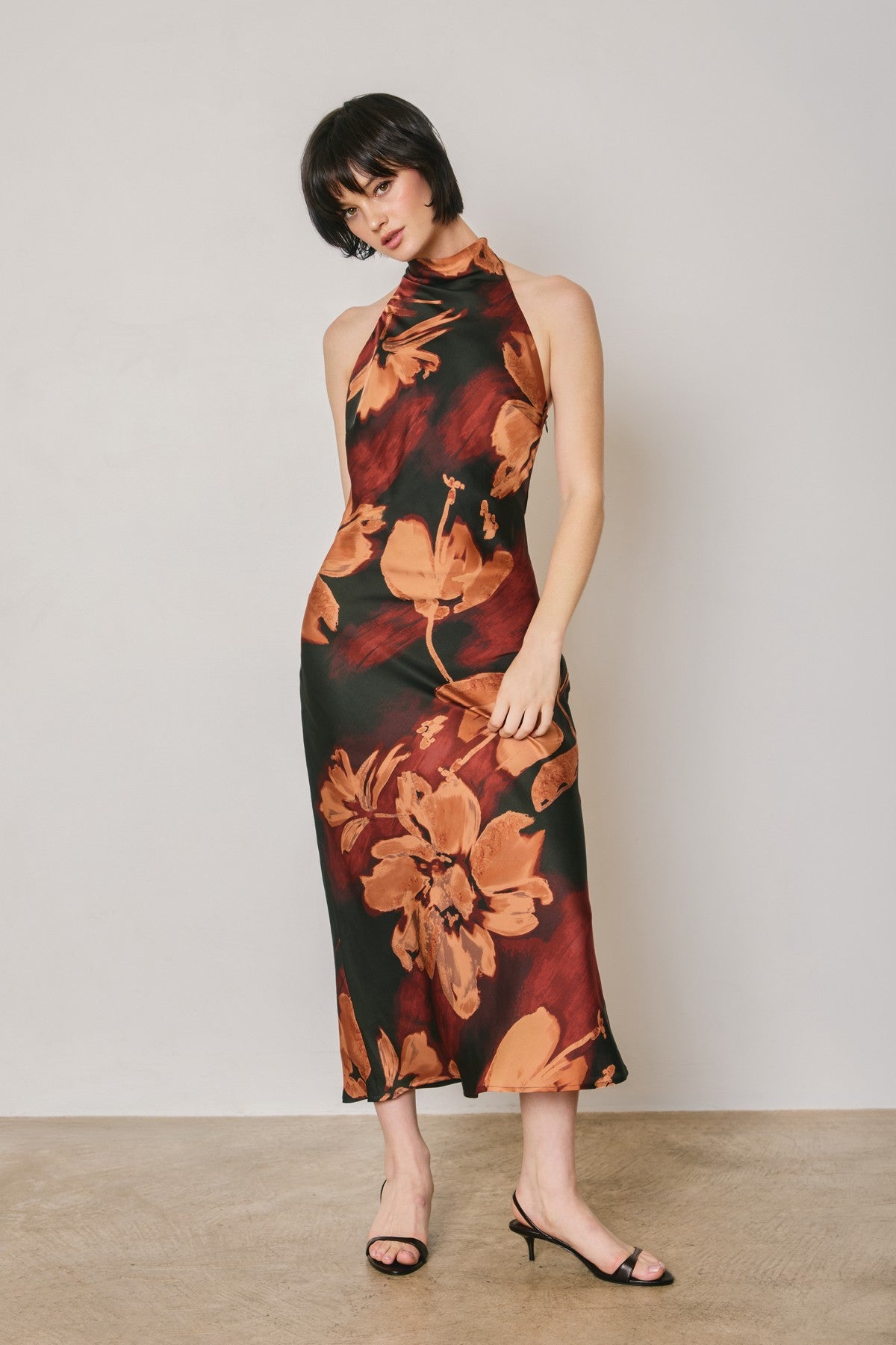 Waitlist 8/5 • Jeanette Sleeveless Halter Floral Print Midi Dress Black