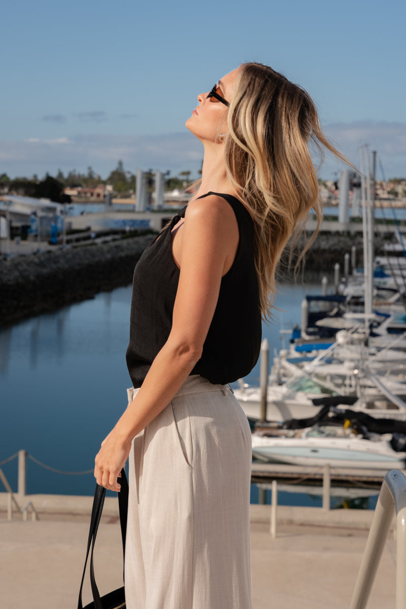 Adelia Sleeveless Satin Tank Top Black