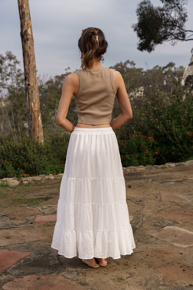 Brenna High Waist Tiered Maxi Skirt White