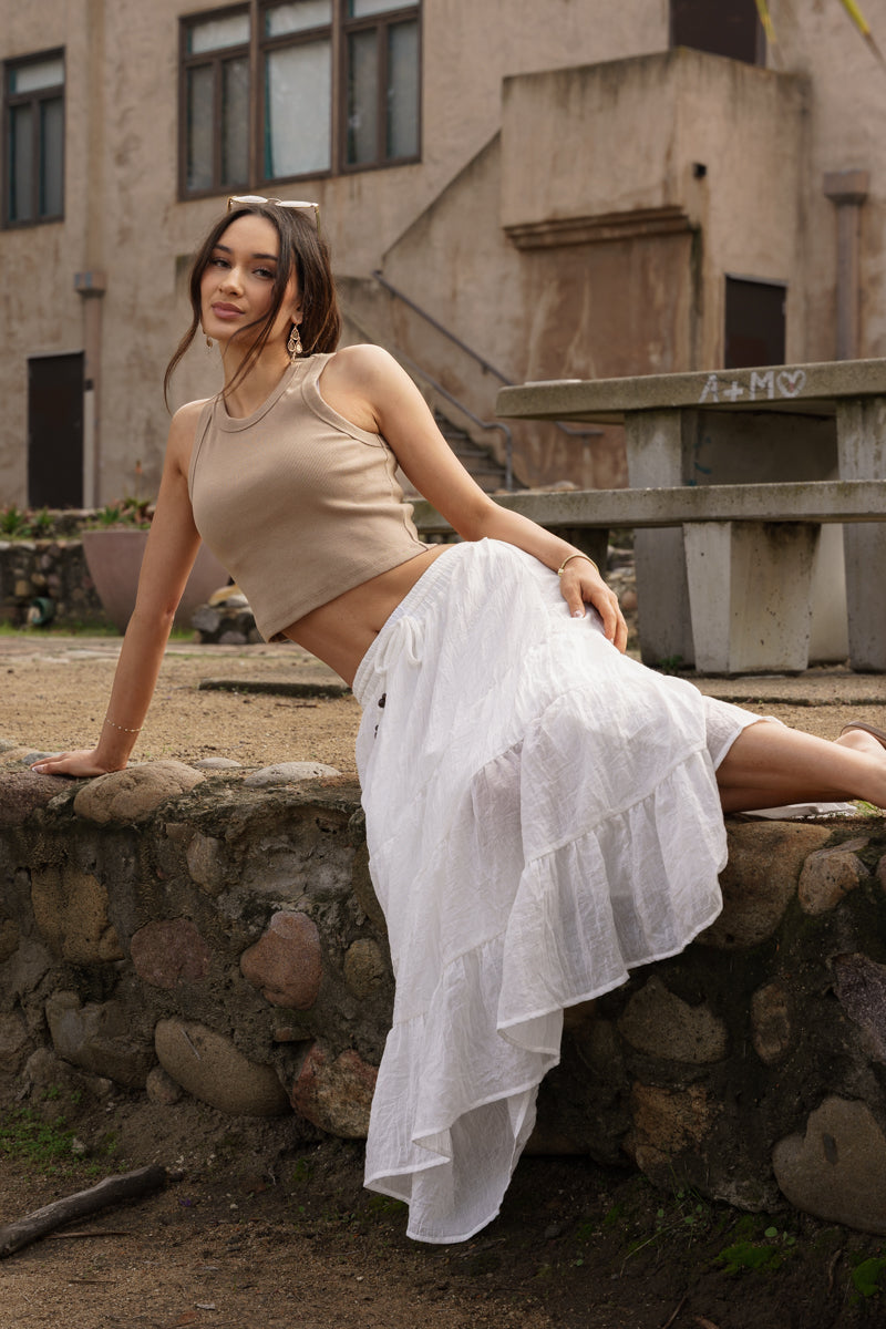 Brenna High Waist Tiered Maxi Skirt White