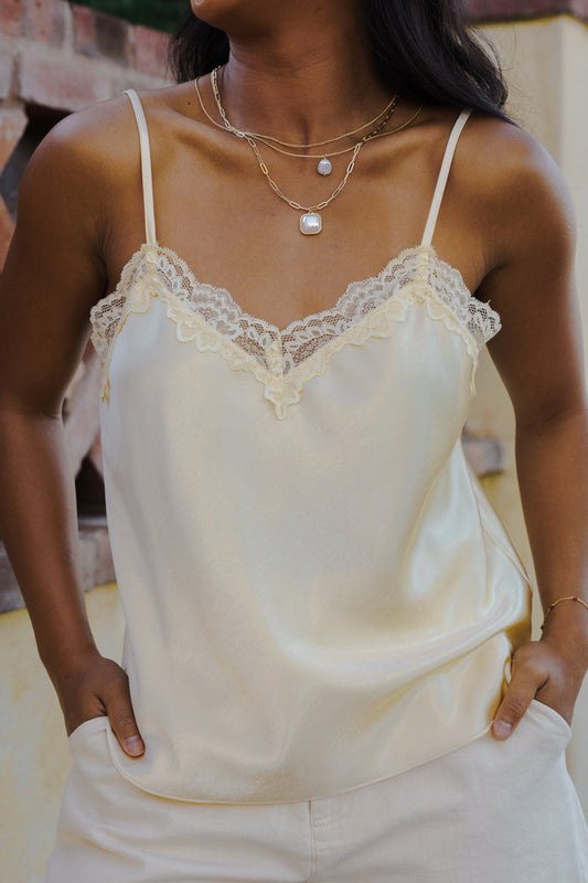 Reba Sleeveless Lace Trim Satin Cami Top Yellow