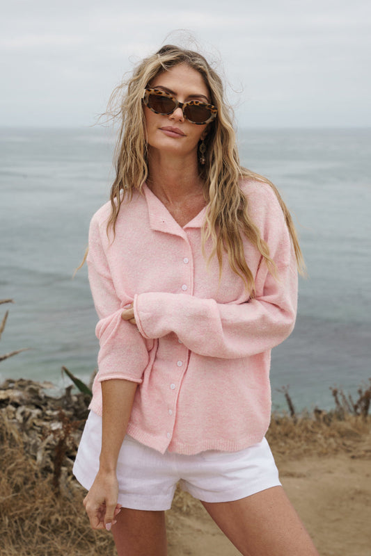 Tanya Long Sleeve Button Down Knit Cardigan Light Pink