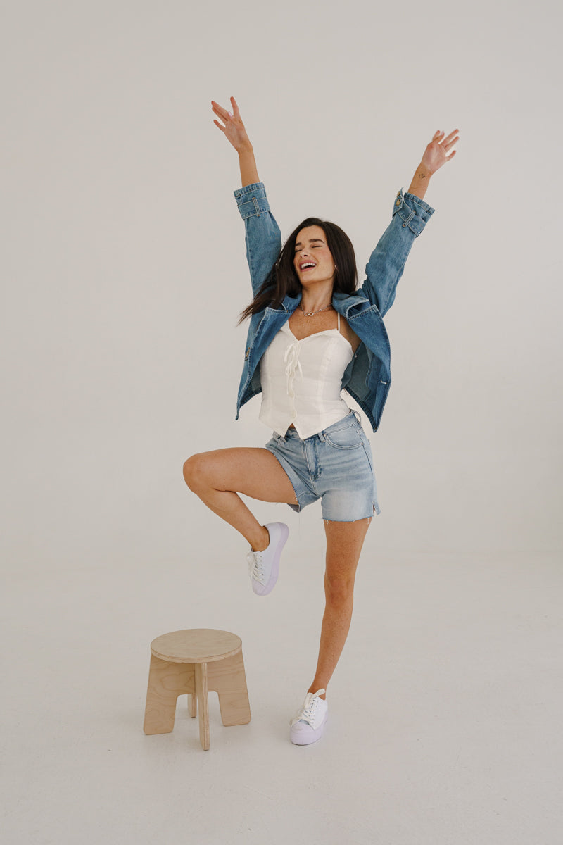 Teresa High Rise Raw Hem Denim Shorts Light Wash