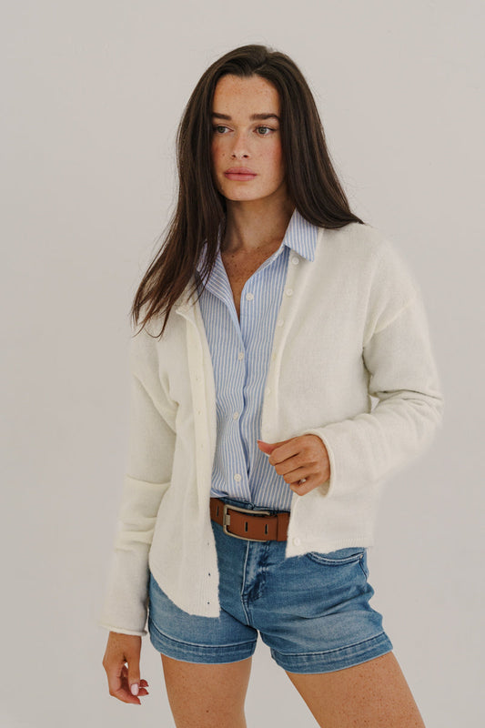 Michelle Long Sleeve Button Down Knit Cardigan White