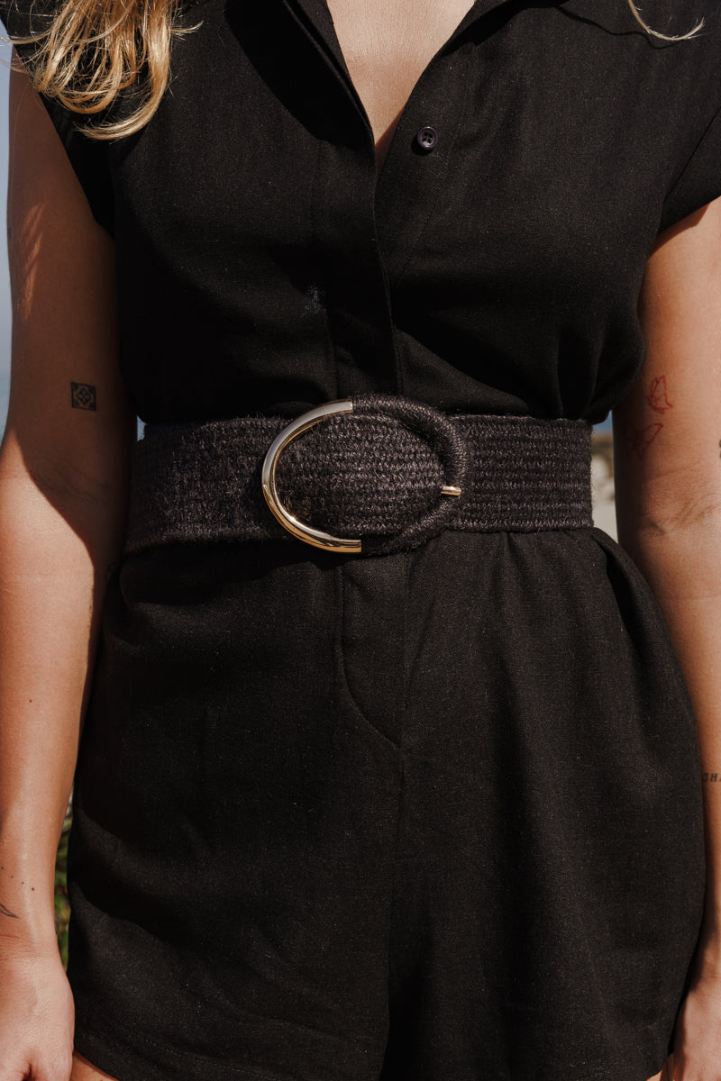 Sabine Two Tone Buckle Straw Waist Belt Black