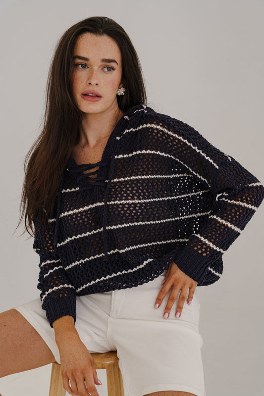 Bailey Long Sleeve Open Cable Knit Hoodie Sweater Navy