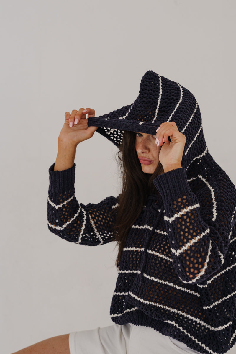 Bailey Long Sleeve Open Cable Knit Hoodie Sweater Navy