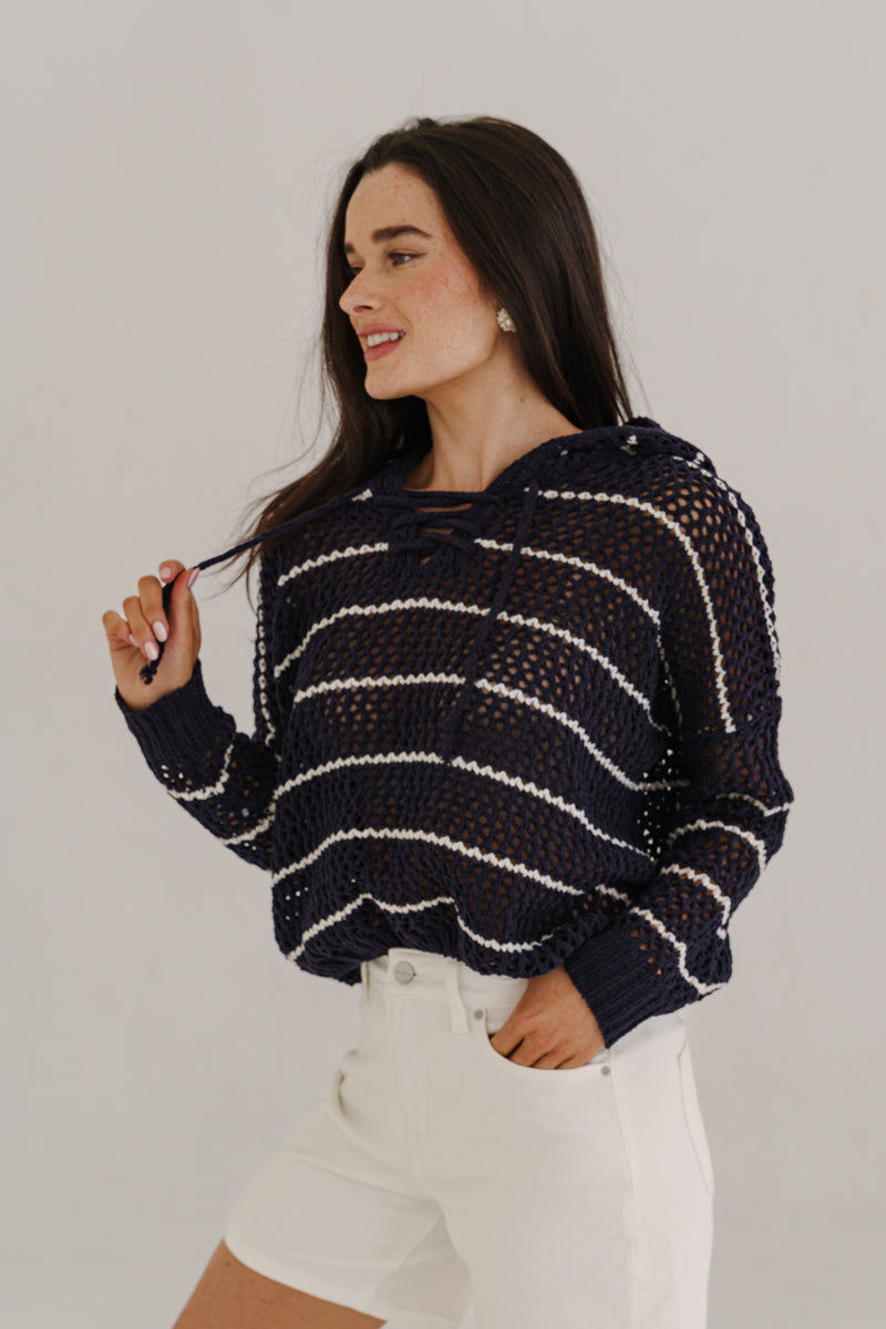 Bailey Long Sleeve Open Cable Knit Hoodie Sweater Navy
