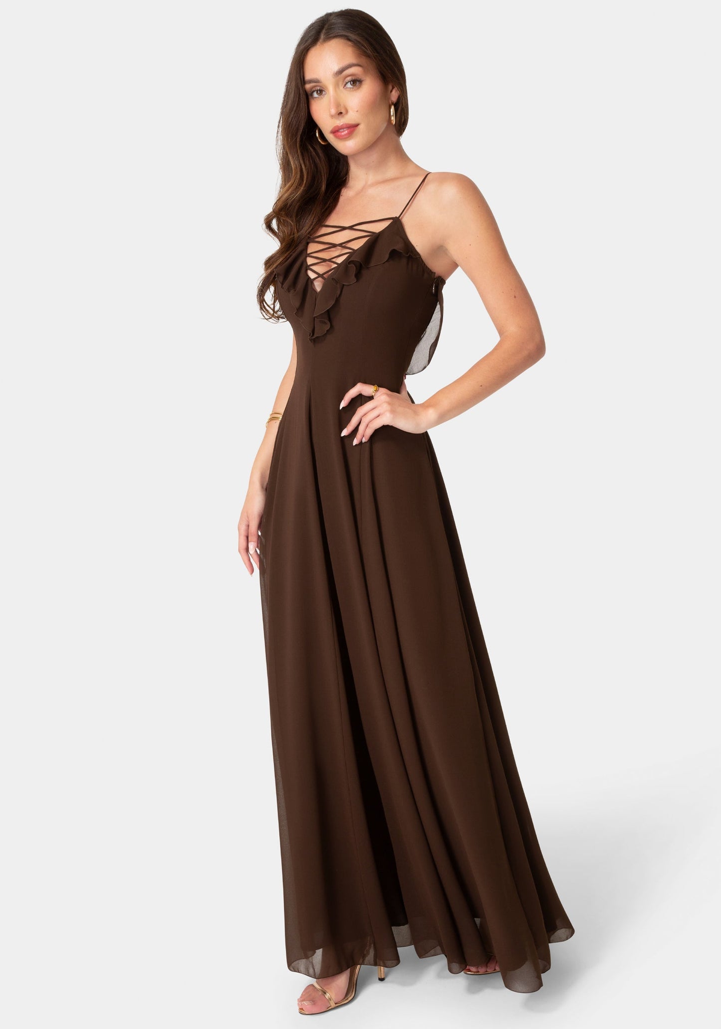 Lace Up Ruffle Chiffon Maxi Dress
