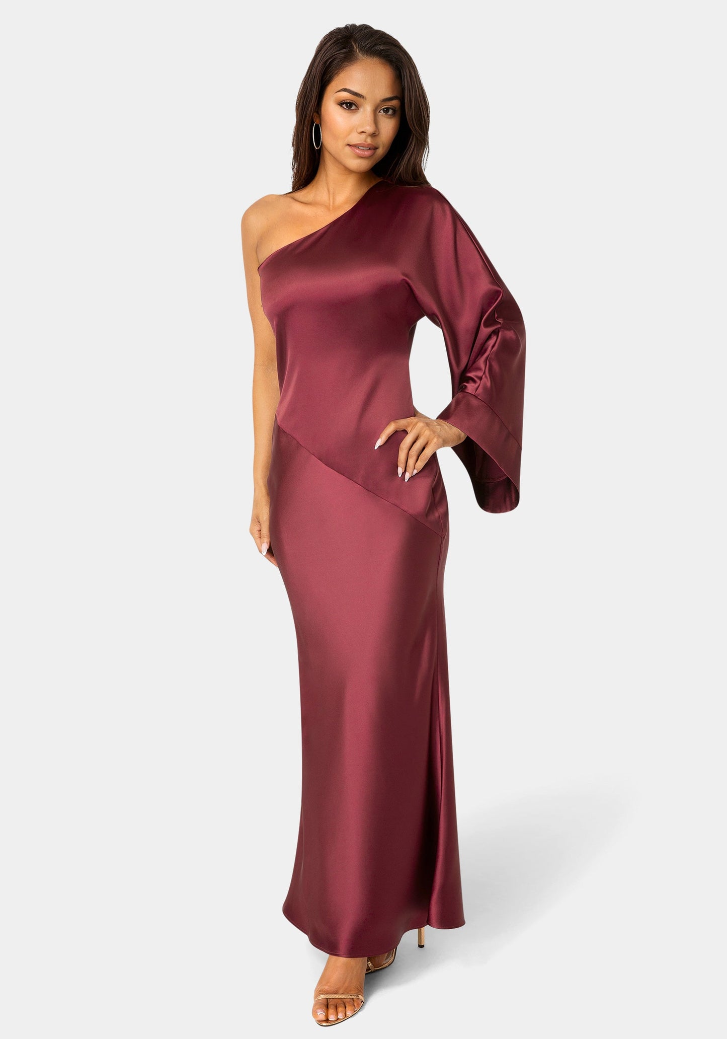One Shoulder Bell Sleeve Satin Maxi Dress