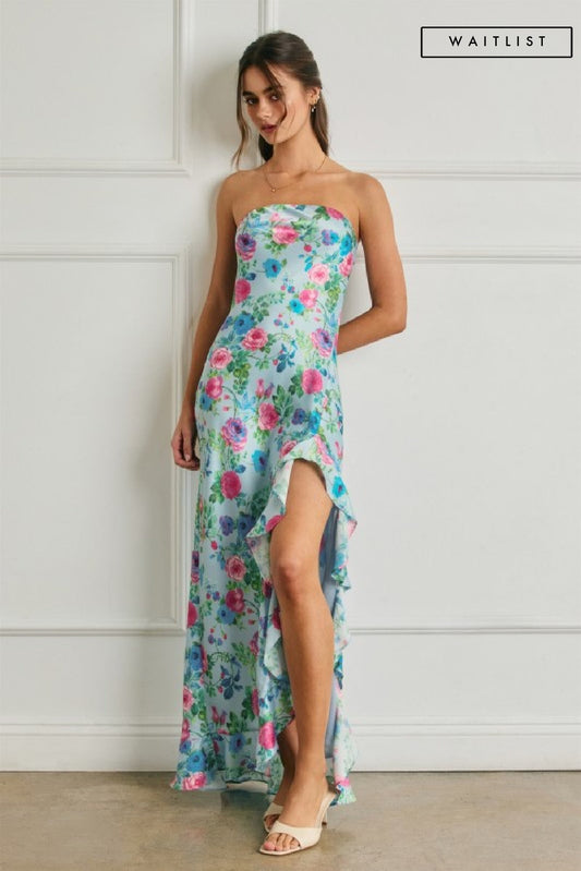Waitlist 6/25 • Araceli Sleeveless Asymmetrical Floral Print Maxi Dress Blue