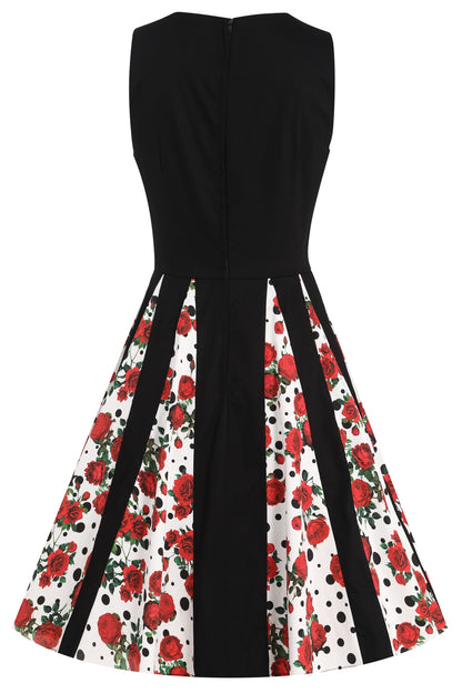 Judith Pleated Black Dress With Retro Roses & Spots