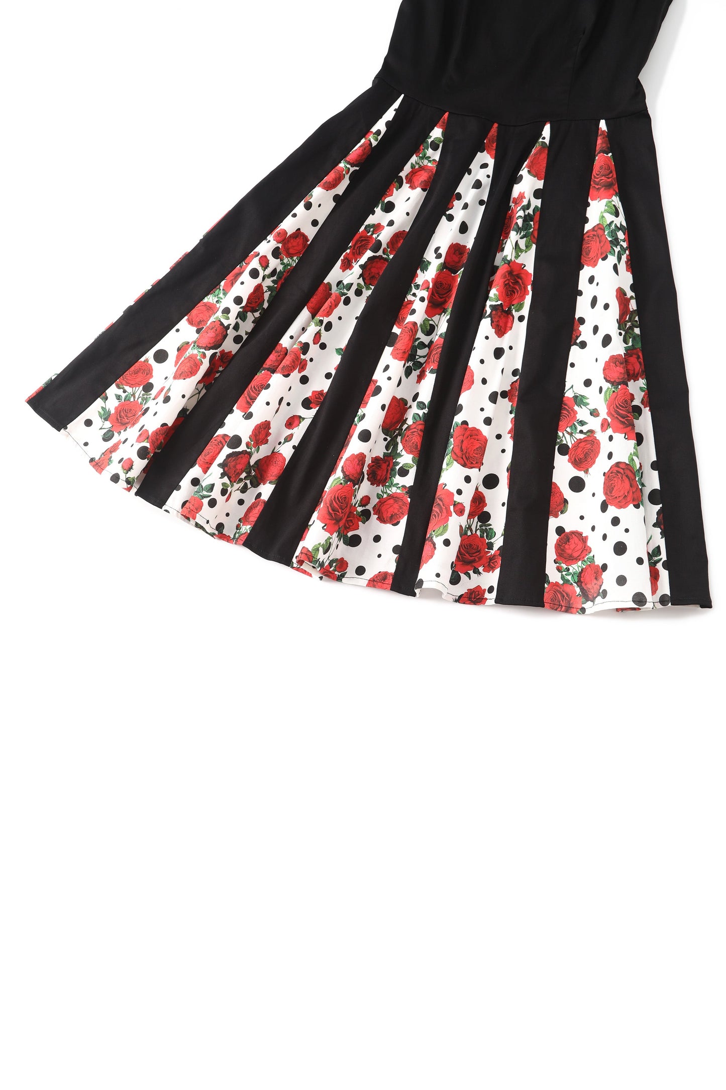 Judith Pleated Black Dress With Retro Roses & Spots