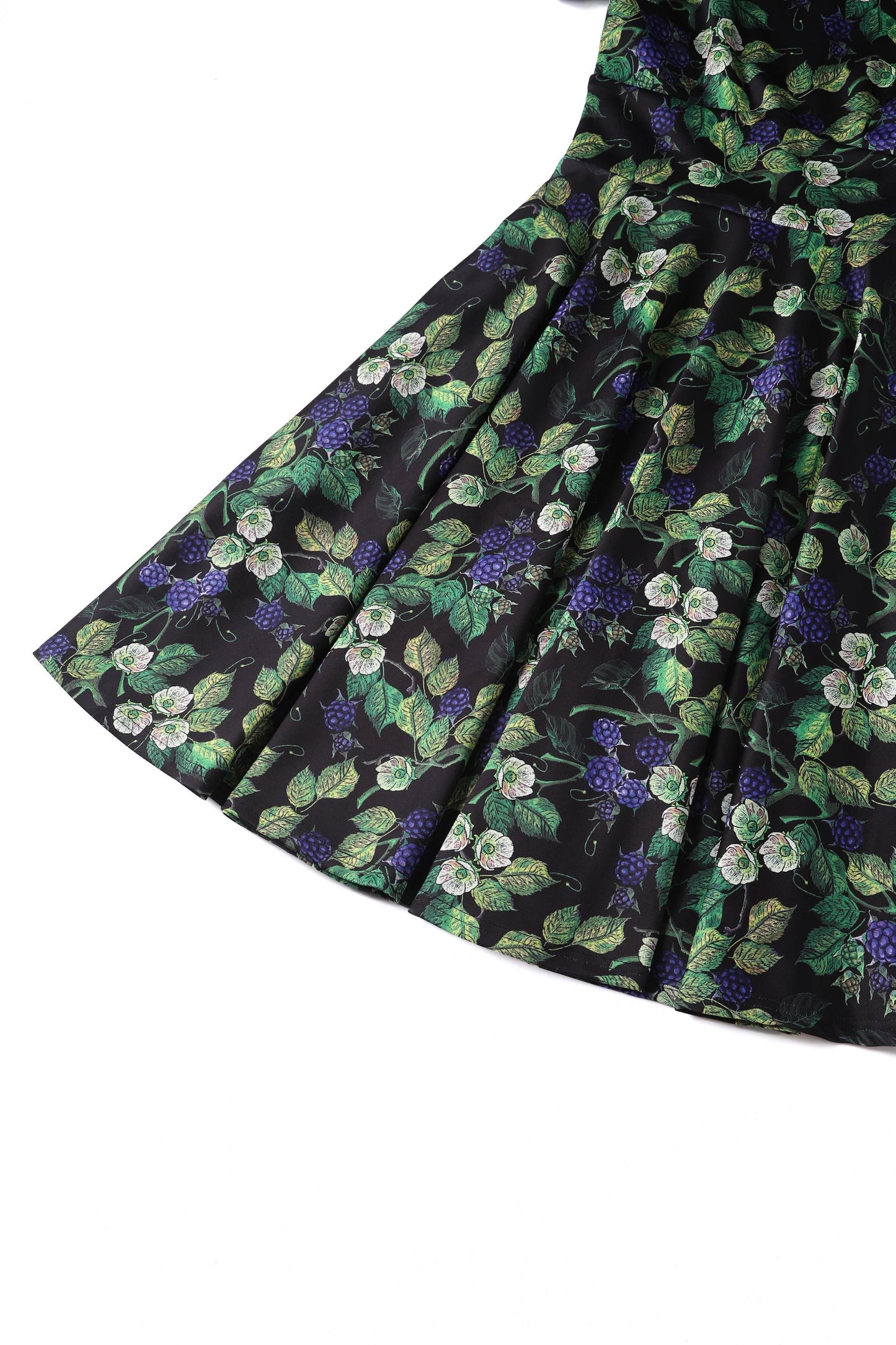 Darlene Off-Shoulder Dress in Black/Purple Berry Leaf Print