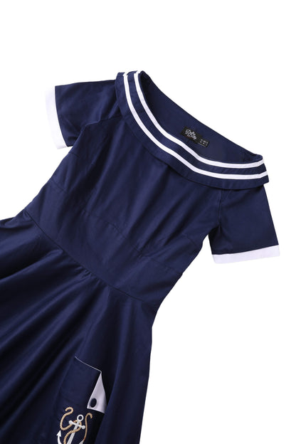 Darlene Nautical Anchor Embroidered Dress In Blue