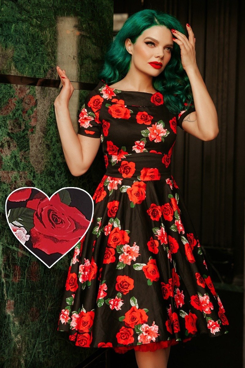 Darlene Vintage Inspired Black Floral Dress